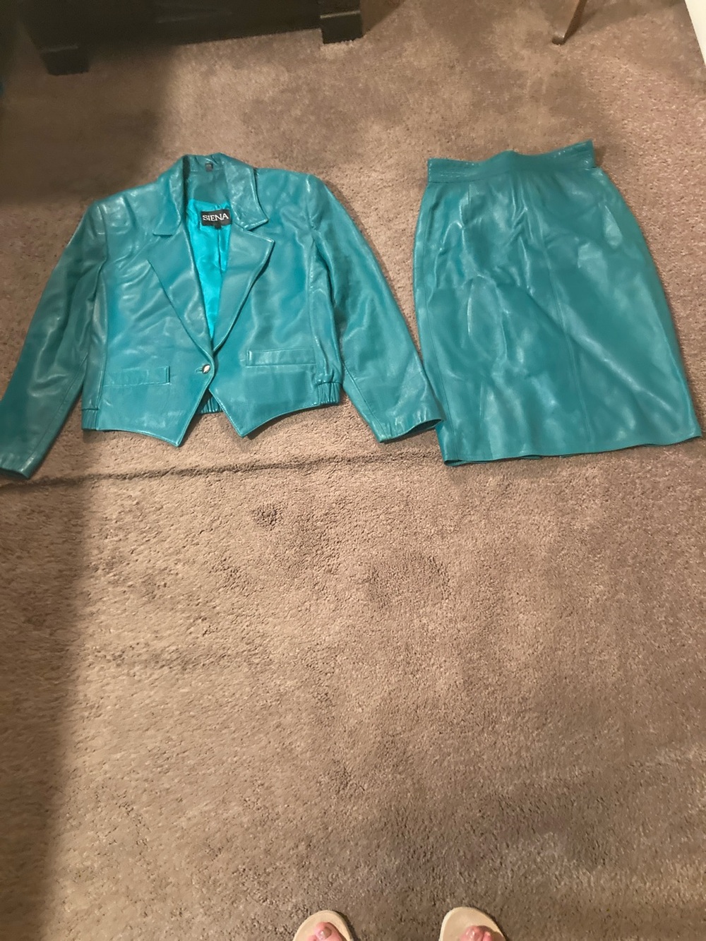 Teal Leather Jacket and Skirt Set